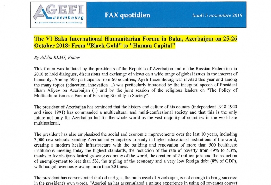 Agefi Luxembourg publishes article on 6th Baku International Humanitarian Forum