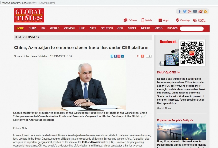 Şahin Mustafayev: Azərbaycan Çinlə daha sıx ticarət əlaqələri qurmaq niyyətindədir
