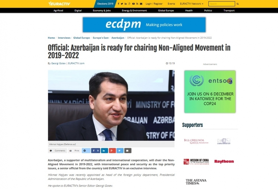 Hikmat Hajiyev: Azerbaijan is ready for chairing Non-Aligned Movement in 2019-2022