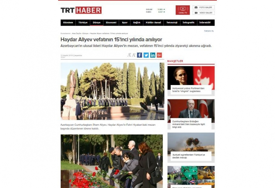 Türkiyə KİV-lərində ulu öndər Heydər Əliyevlə bağlı məlumatlar yayılıb