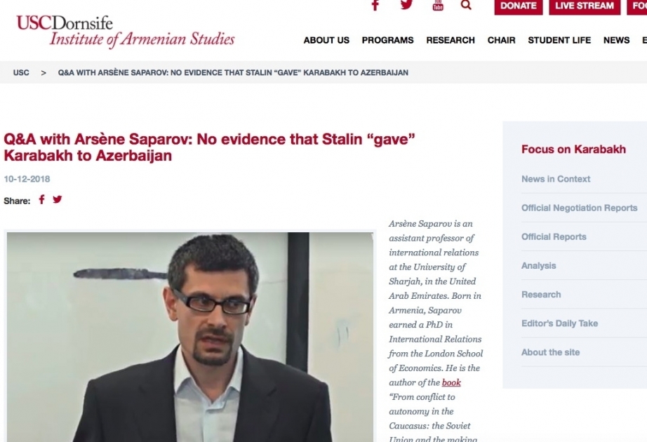 Arsen Saparov: Stalinin Qarabağı Azərbaycana “verməsi” barədə sübutlar yoxdur