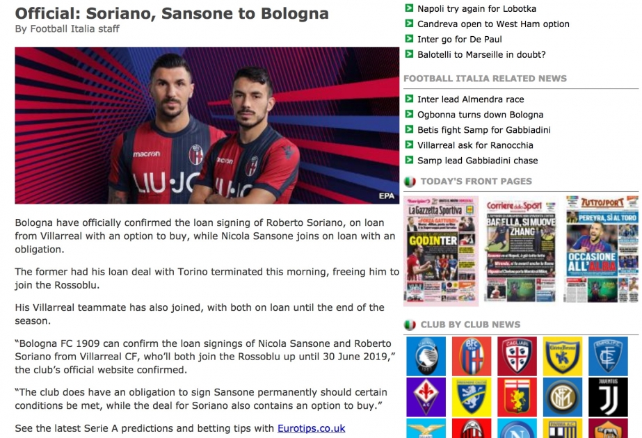 “Vilyareal”ın iki futbolçusu “Bolonya” klubuna keçib