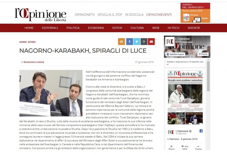 Italian L’Opinione newspaper highlights Armenia-Azerbaijan Nagorno-Karabakh conflict
