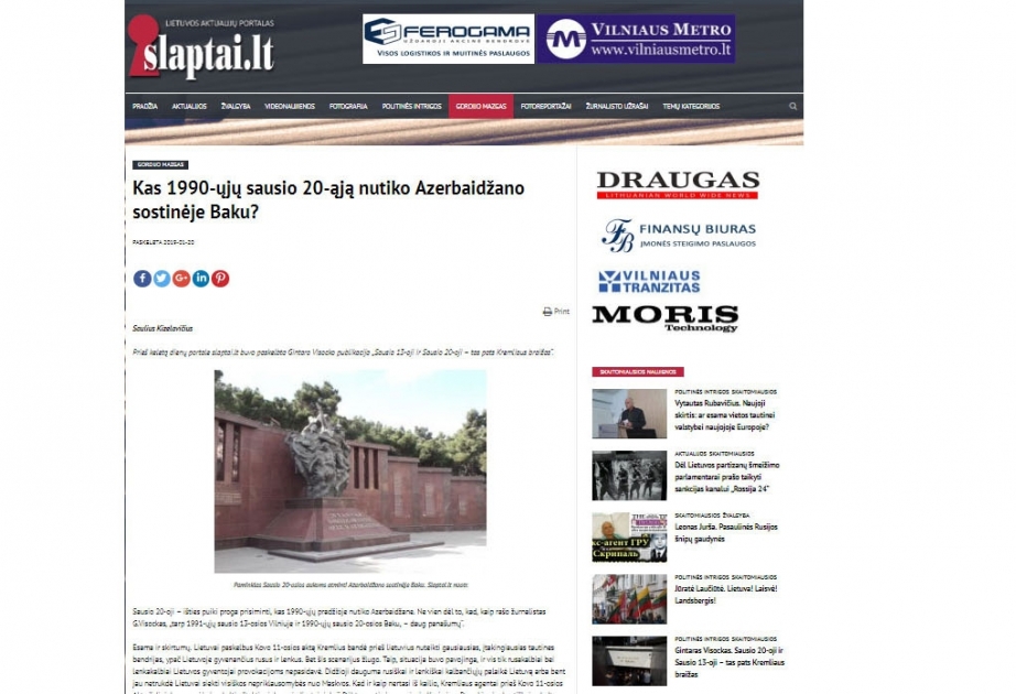Litva portalında 20 Yanvar faciəsi ilə bağlı məqalə yerləşdirilib