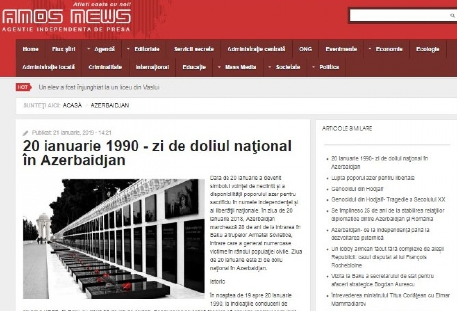 “Amos News” xəbər agentliyi AZƏRTAC-ın xüsusi müxbirinin 20 Yanvar faciəsi ilə bağlı məqaləsini yayıb