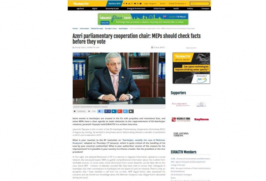 Azərbaycanlı deputat “EurActiv” portalına müsahibəsində Avropa Parlamentinin bəzi üzvlərinin qərəzli mövqelərindən danışıb