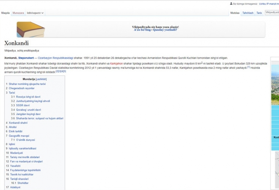 “Wikipedia”da özbək dilində Azərbaycanın Xankəndi şəhəri haqqında məlumat yerləşdirilib