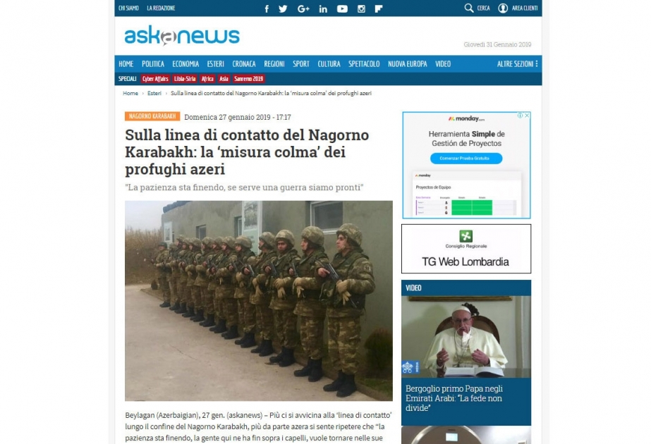 İtaliyanın daha bir xəbər agentliyi Azərbaycan və Ermənistan qoşunlarının təmas xəttindən reportaj hazırlayıb