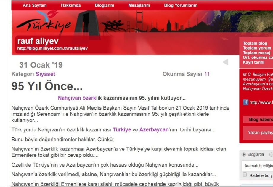 “Milliyət” qəzetinin internet bloqunda Naxçıvanın muxtariyyət qazanmasının 95 illik yubileyinə həsr olunmuş məqalə yerləşdirilib