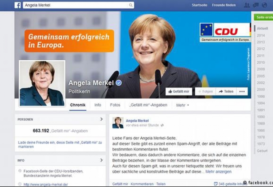 Angela Merkel özünün “Facebook” səhifəsini ləğv etmək qərarına gəlib