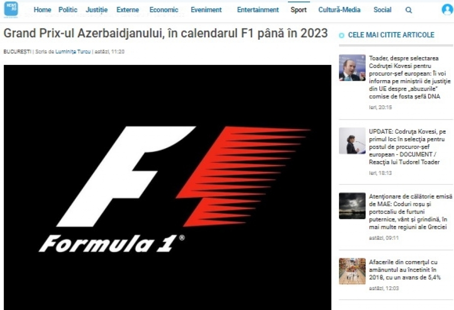 Rumıniyanın xəbər agentliyi Formula 1 Azərbaycan Qran-Prisindən yazır