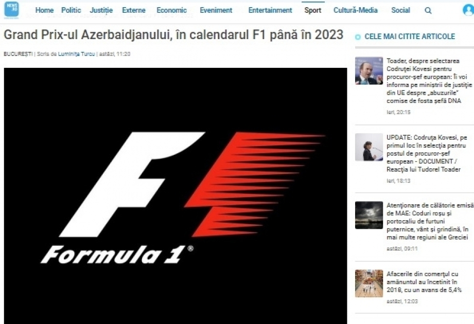 Romanian news agency highlights Formula 1 Azerbaijan Grand Prix