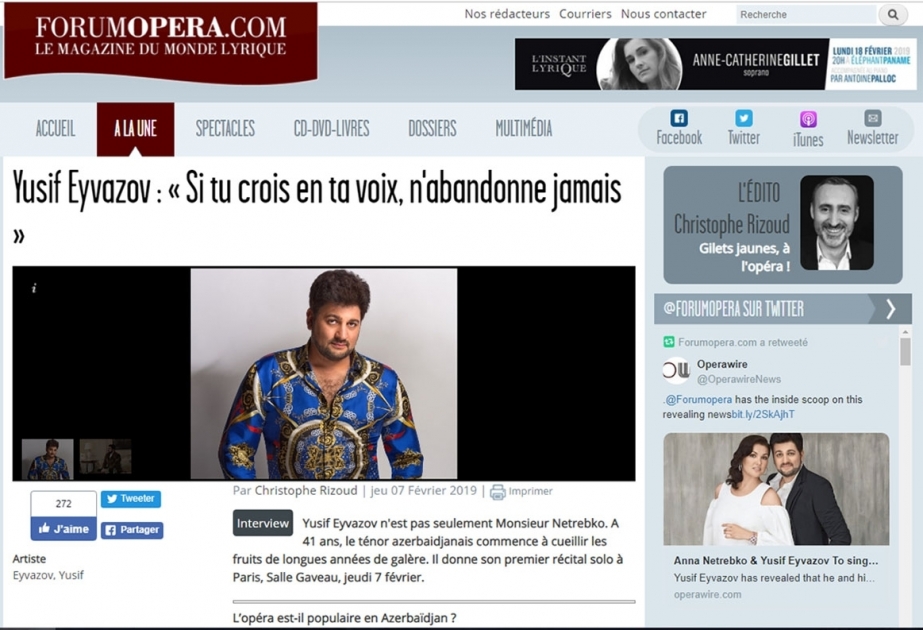 Un site français publie l’interview avec le ténor azerbaïdjanais Yusif Eyvazov