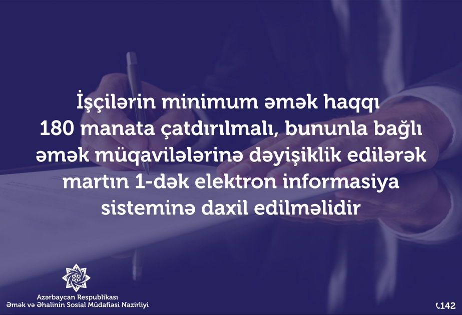 Dövlət Əmək Müfəttişliyi Xidməti işəgötürənlərə minimum əməkhaqqının 180 manata çatdırılması ilə bağlı müraciət edib