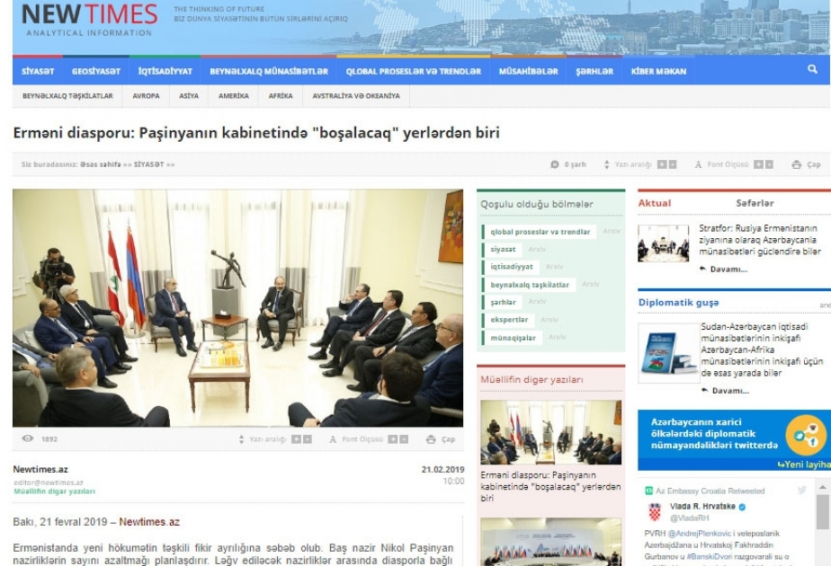 Erməni diasporu: Paşinyanın kabinetində "boşalacaq" yerlərdən biri