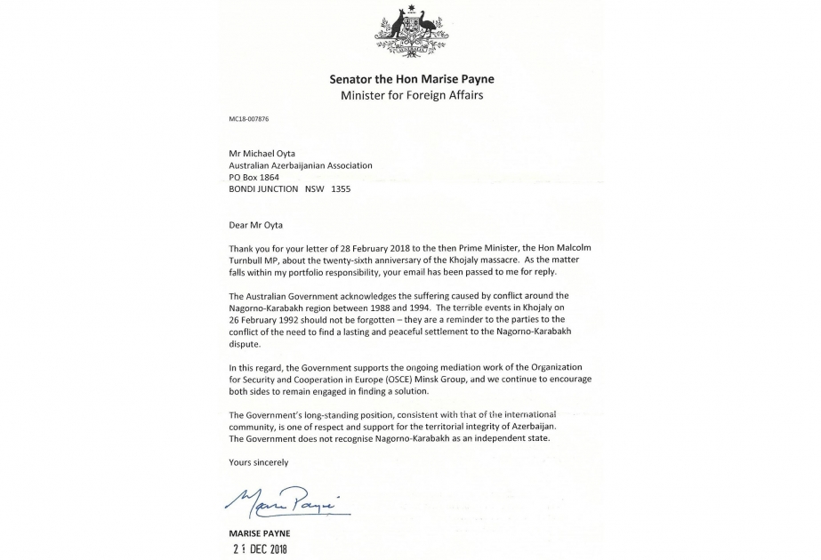 Australian Government respects territorial integrity of Azerbaijan and does not recognize Nagorno-Karabakh as independent state