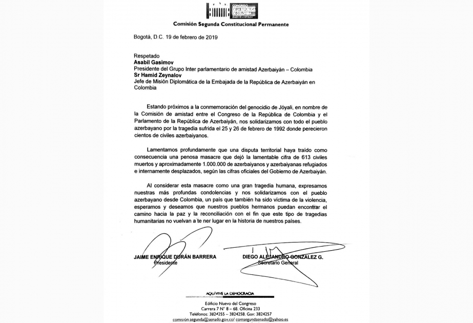 Kolumbiya parlamenti Xocalı soyqırımı ilə əlaqədar Azərbaycan səfirliyinə başsağlığı məktubu ünvanlayıb
