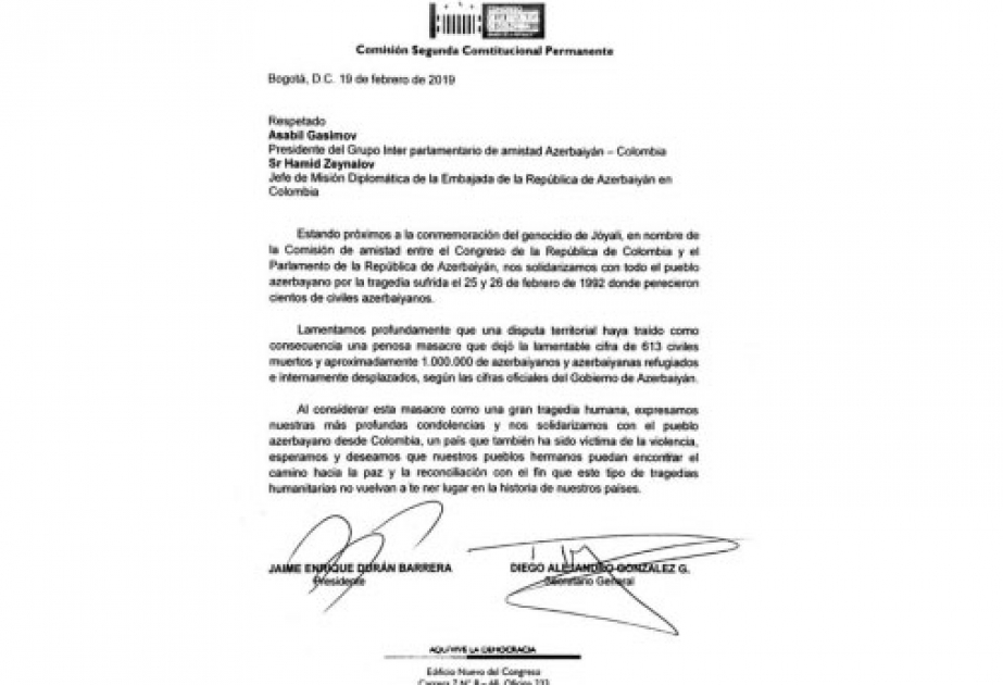 El Parlamento de Colombia envió sus condolencias a la Embajada de Azerbaiyán en relación con el genocidio de Joyalí