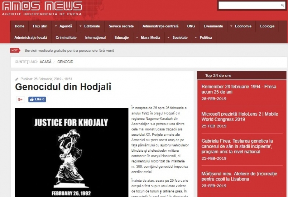 Rumıniyanın “Amosnews” xəbər agentliyi Xocalı soyqırımından yazıb