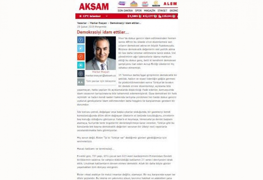 Jurnalist Markar Esayanın Xocalı soyqırımı etirafı və onun yazısına söz ardı