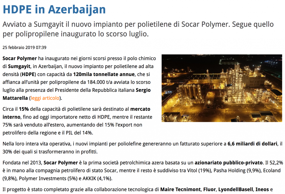 İtaliya mətbuatında Sumqayıtdakı “SOCAR Polymer” zavodundan bəhs olunub