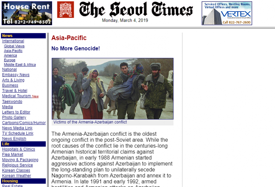 “The Seoul Times”: İşğalçılar Xocalını məhv etdilər və dinc əhaliyə xüsusi qəddarlıqla divan tutdular
