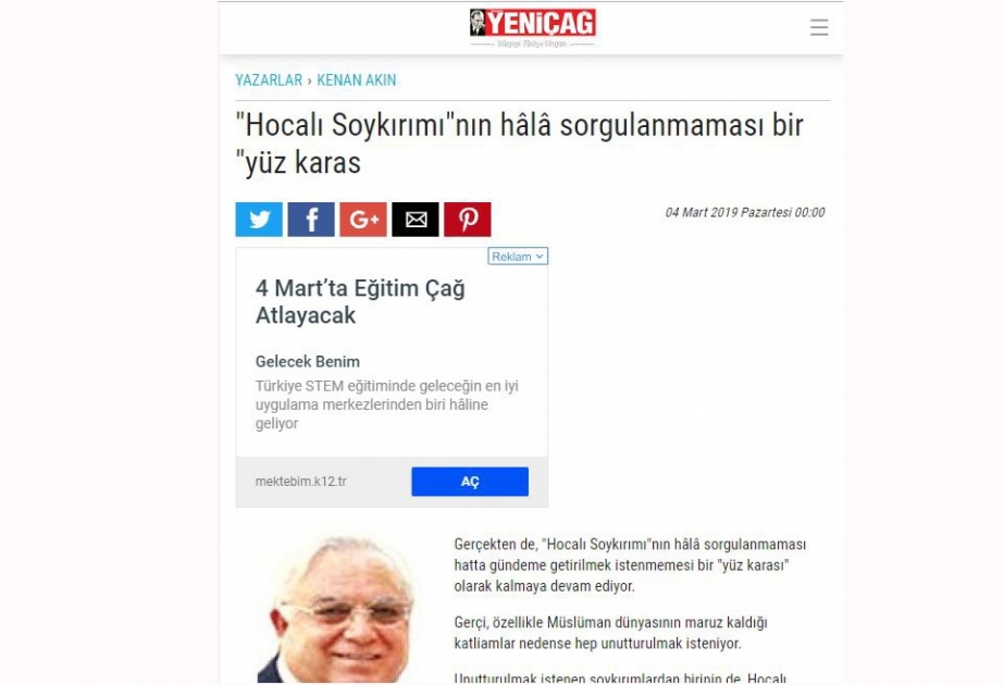 Türkiyənin “Yeni çağ” qəzeti: Xocalı soyqırımı həqiqətlərini dünyaya çatdırmaq milli borcdur