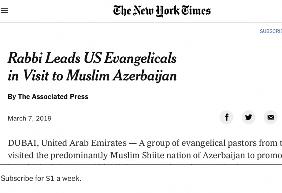 The New York Times: Раввин возглавил визит группы евангелистов из США в мусульманский Азербайджан