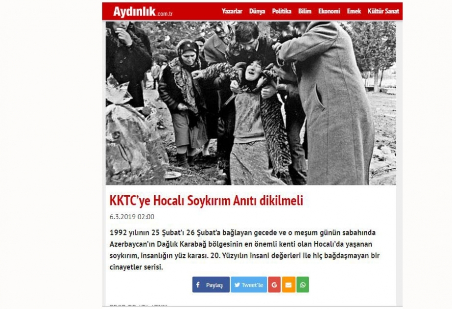 Türkiyənin “Aydınlıq” qəzeti: Xocalı soyqırımı insanlıq əleyhinə dəhşətli cinayətdir