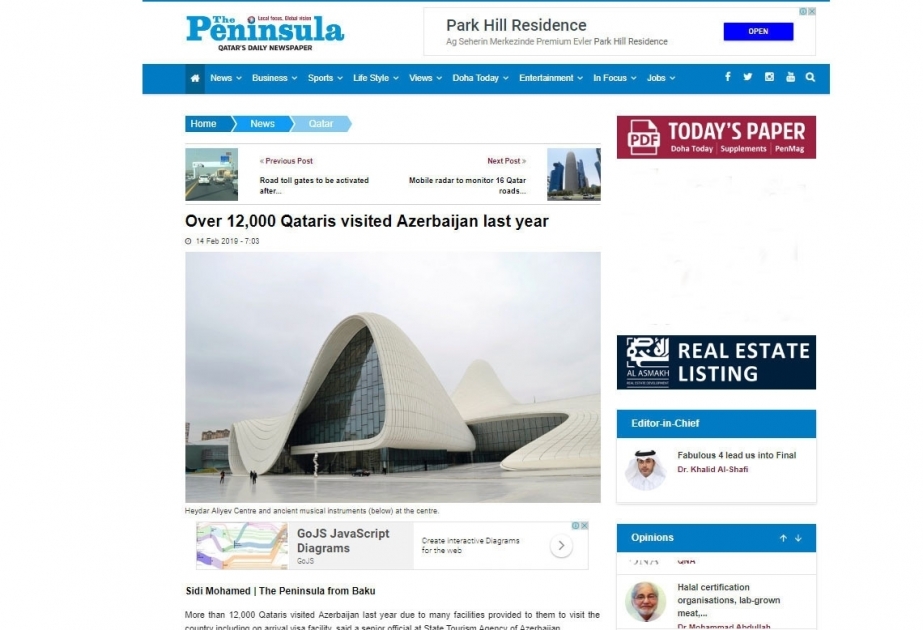 Qatari and Lebanese newspapers hail Azerbaijan's tourism potential