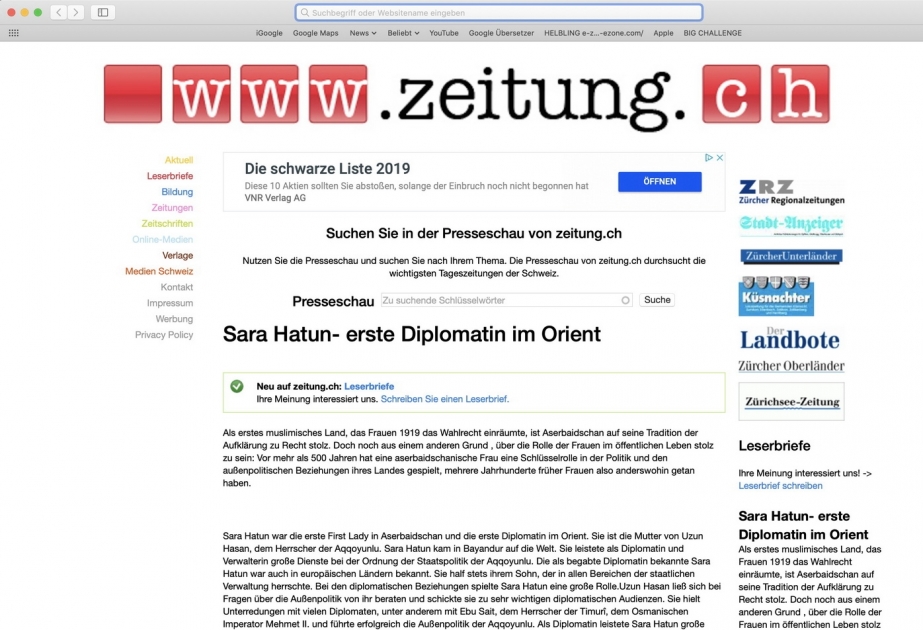İsveçrə portalında “Sara xatun – Şərqdə ilk qadın diplomat” adlı yazı yerləşdirilib