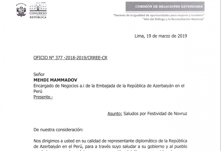 Congreso de Perú felicita a todos los azerbaiyanos por el feriado de Novruz