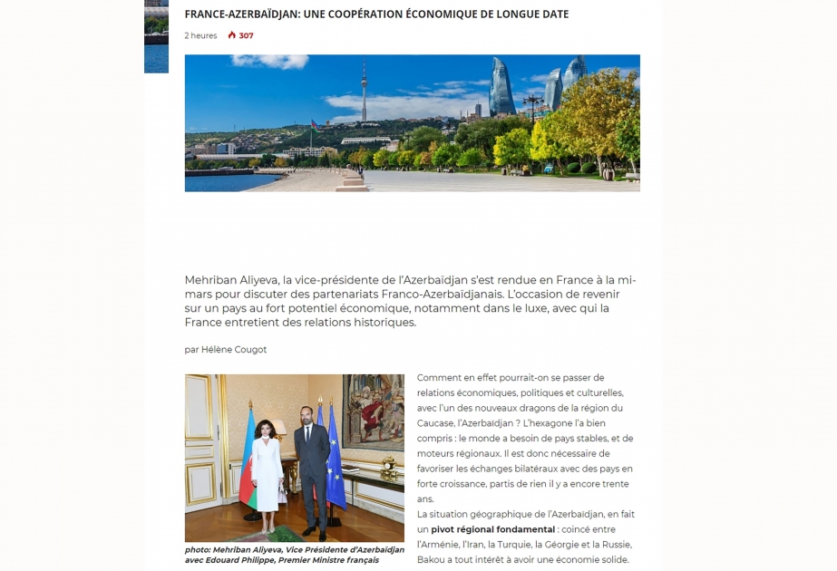 Le portail luxus-plus.com publie un article sur la coopération économique entre la France et l'Azerbaïdjan