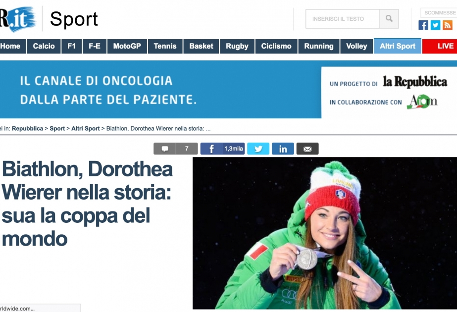 Doroteya Virer biatlon üzrə dünya kubokunu qazanan ilk italyan olub