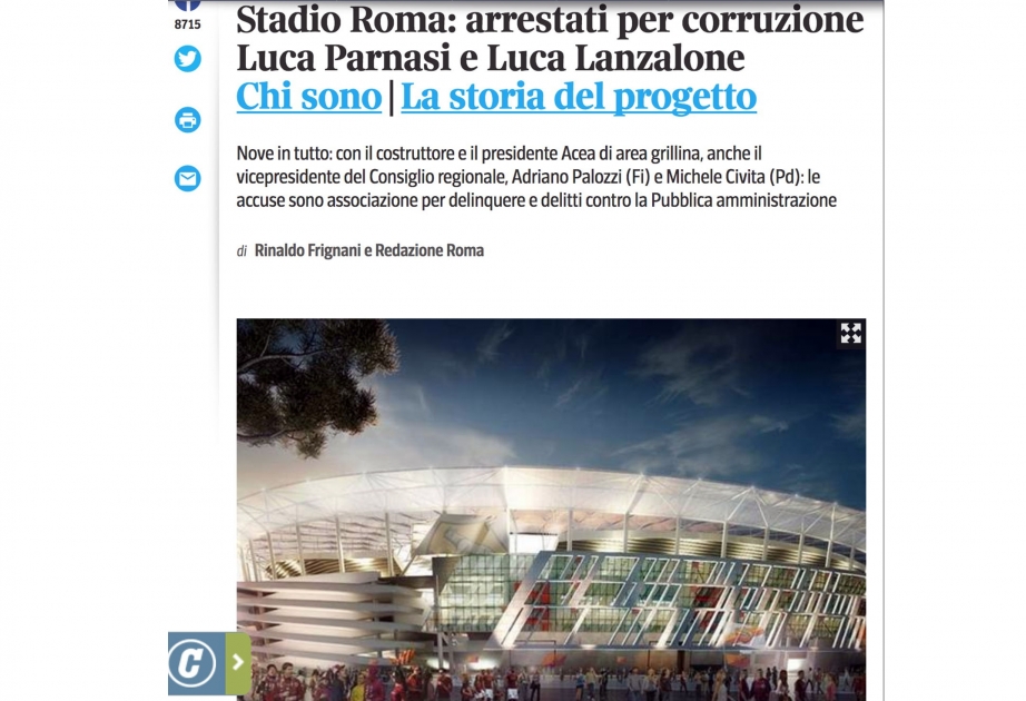 Roma Şəhər Şurasının idman şöbəsinin direktoru rüşvətxorluq ittihamı ilə istintaqa cəlb olunub