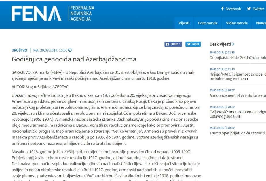 Bosniyanın FENA xəbər agentliyinin saytında AZƏRTAC-ın xüsusi müxbirinin azərbaycanlıların soyqırımı haqqında məqaləsi dərc edilib