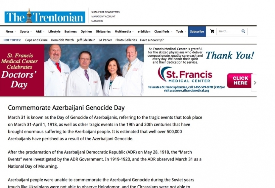 Amerikada çıxan “The Trentonian” qəzetində azərbaycanlıların soyqırımı haqqında məqalə dərc edilib