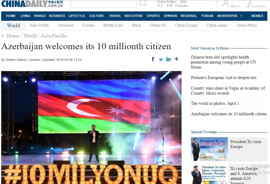 China Daily: Azerbaijan welcomes its 10 millionth citizen