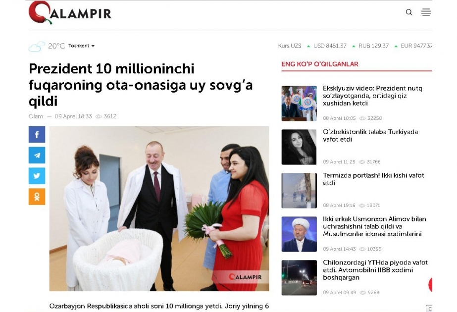 Azərbaycanın 10 milyonuncu vətəndaşının dünyaya gəlməsi Özbəkistan portallarında geniş işıqlandırılıb