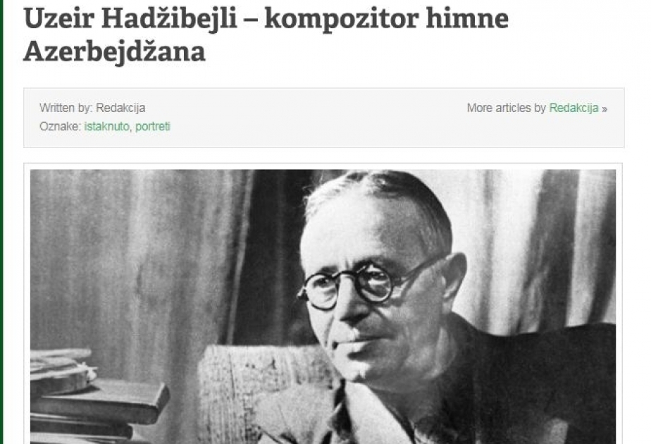 “AVLIJA” portalında Üzeyir Hacıbəyli haqqında məqalə dərc edilib