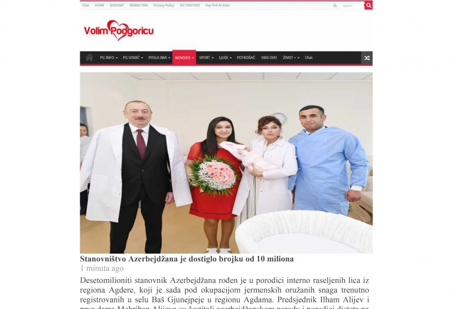 Monteneqro portalları Azərbaycanın 10 milyonuncu sakininin dünyaya gəlməsi ilə bağlı xəbərlər yayıb