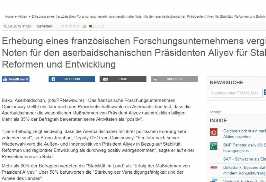 German portal: Over 85 percent of Azerbaijanis support President Ilham Aliyev`s works
