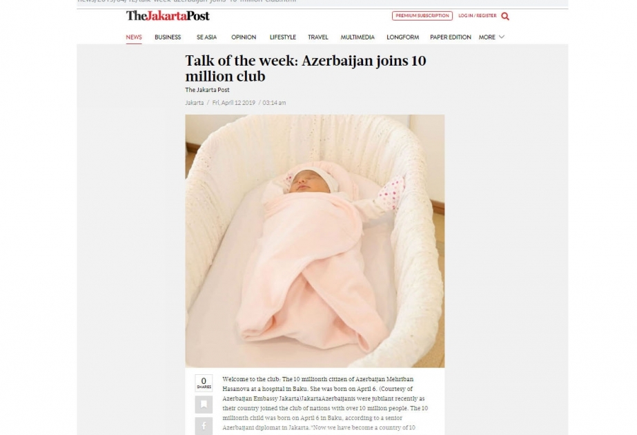 “The Jakarta Post” qəzetində Azərbaycanın 10 milyonuncu sakininin dünyaya gəlməsi barədə xüsusi məqalə dərc olunub