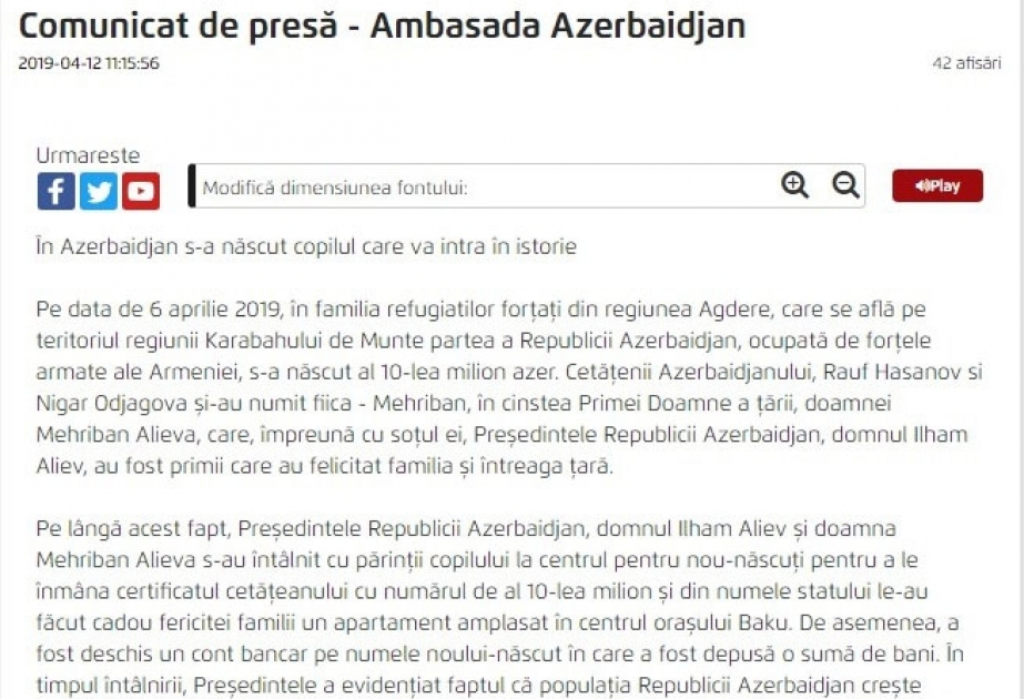 Rumıniyanın “AGERPRES” agentliyi Azərbaycan əhalisinin sayının 10 milyona çatmasından yazır