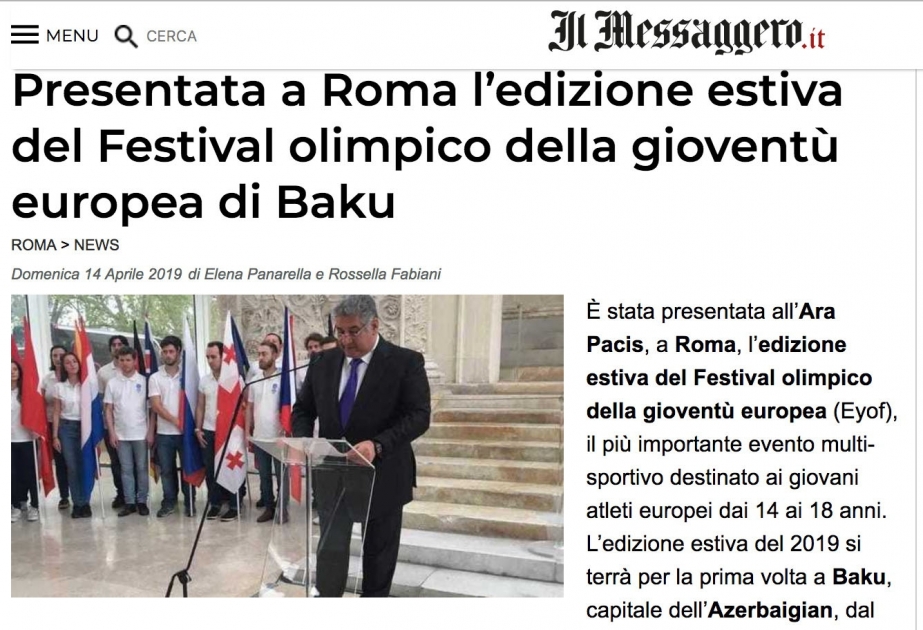 İtaliyanın “İl Messaggero” saytı Bakıda keçiriləcək Avropa Gənclərinin Yay Olimpiya Festivalından bəhs edib