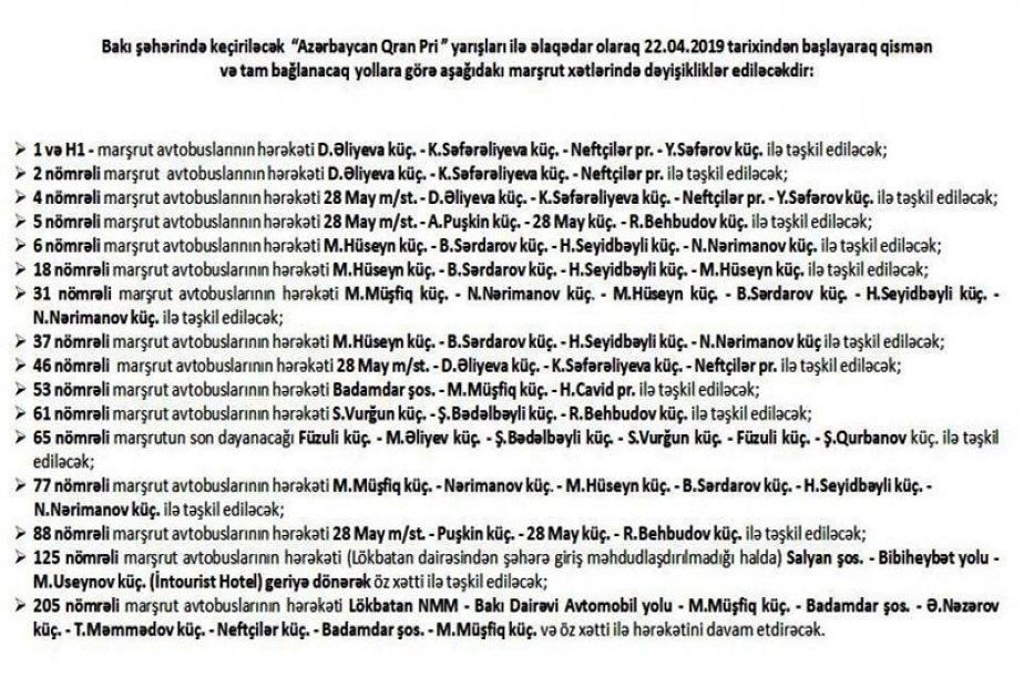 Formula 1-lə əlaqədar Bakıda 17 marşrut xətti üzrə avtobusların hərəkət sxemi dəyişdiriləcək