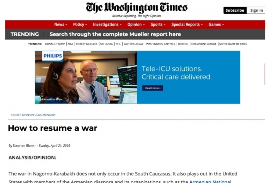 “Washington Times” erməni lobbisinin pozucu fəaliyyəti haqqında yazıb