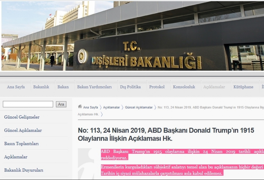 Türkiyə XİN: Trampın 1915-ci il hadisələri ilə bağlı açıqlamasını rədd edirik