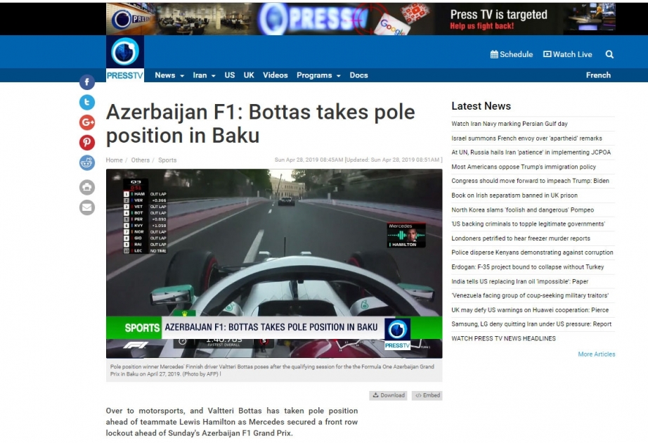 İran televiziyası Formula 1 SOCAR Azərbaycan Qran-Prisi haqqında süjet təqdim edib VİDEO