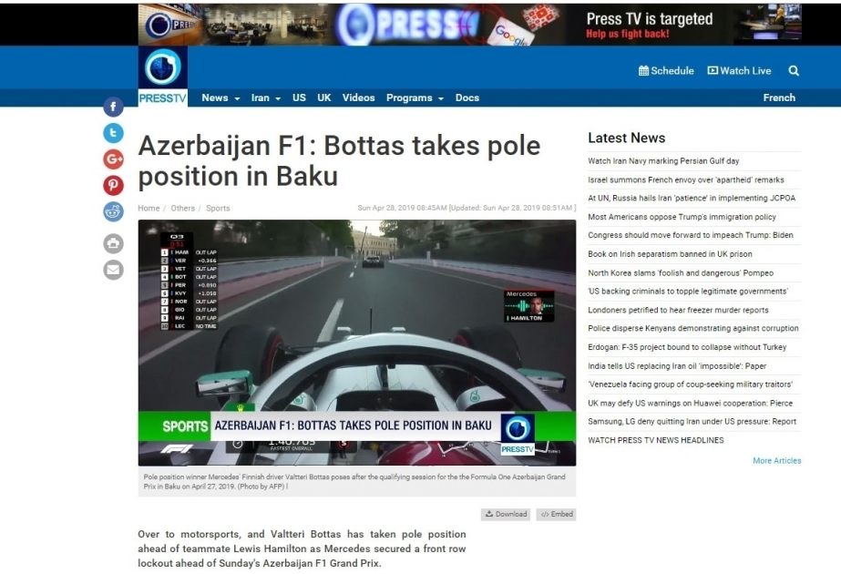 Iran`s Press TV airs program on Formula 1 SOCAR Azerbaijan Grand-Prix